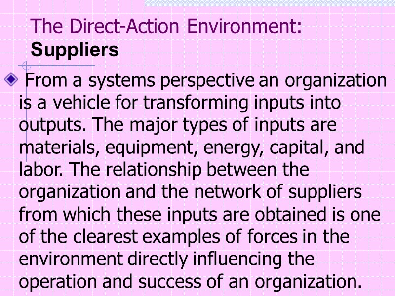 The Direct-Action Environment: Suppliers   From a systems perspective an organization is a